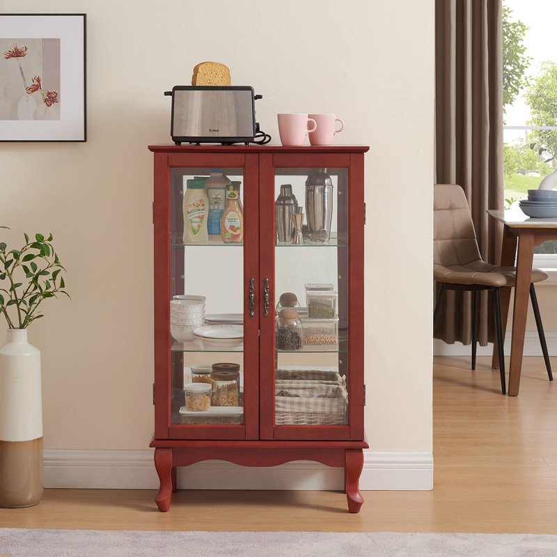 Élégante armoire vitrée à 2 portes avec portes en verre trempé, panneau arrière en miroir et tablettes réglables - Vitrine lumineuse pour la maison et le bureau (ampoule incluse) - Finition cerisier