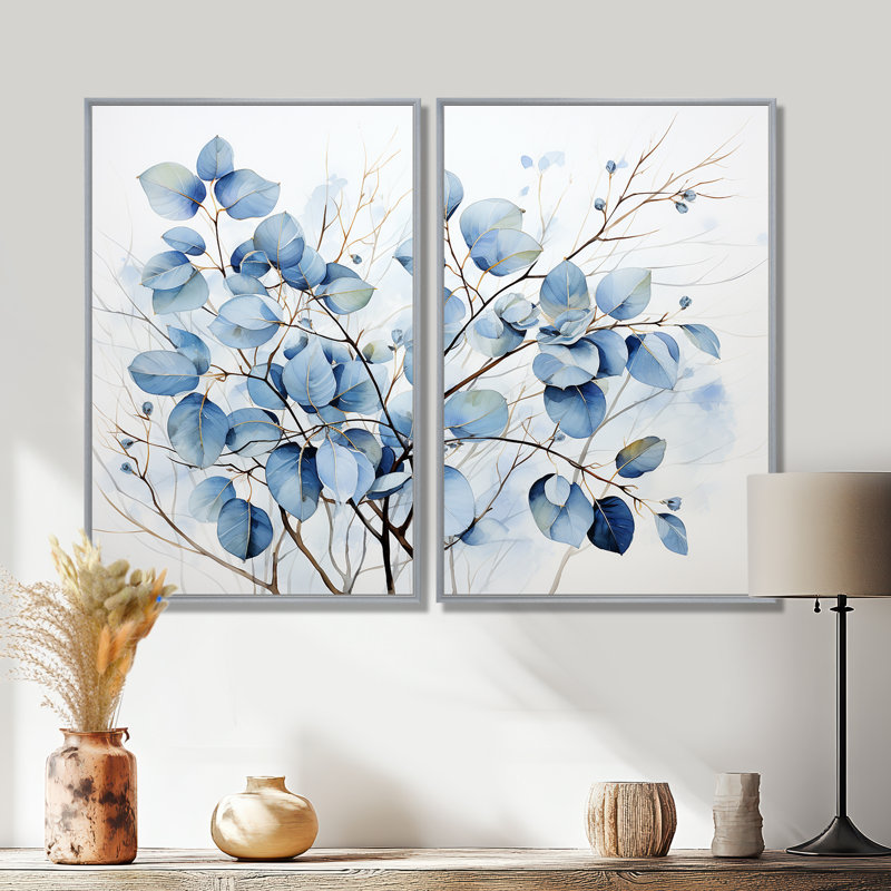 "Sureau", art traditionnel bleu sur toile, H 36 po x l 48 po, Impression encadrée flottante, Argent argent
