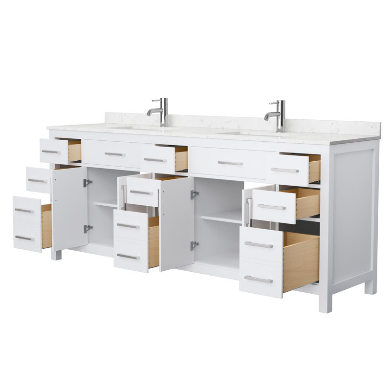 Beckett 84" Freestanding Double Bathroom Vanity with Cultured Marble Top, Carrara Cultured Marble, White, Brushed Nickel