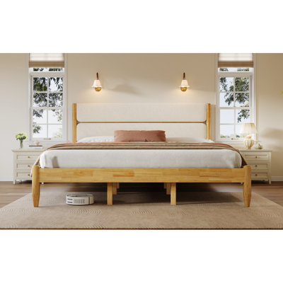 King Size Bed Frame Featuring Fleece Soft - Pack Headboard, Rubber Wood, 47.5 Inch High Supportive Mattress Platform With Upholstered Solid Wood Design, Headboard For Organization, Slats