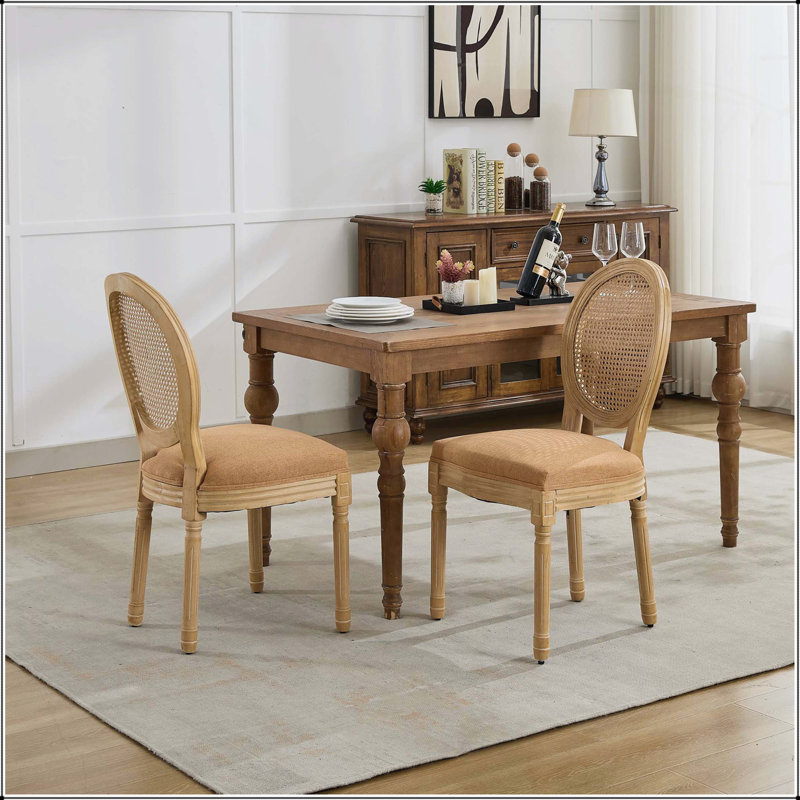Ensemble de 2 chaises de salle à manger style français avec cadre en bois massif, tissu en lin vert olive et dossier en rotin