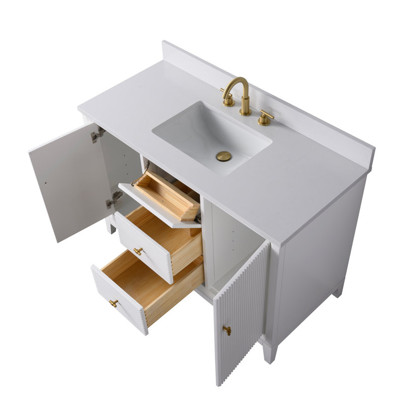 Ensemble de meuble-lavabo autoportant 48 po avec plateau en marbre Caldwell, Blanc, Doré brossé, Blanc Arabescato