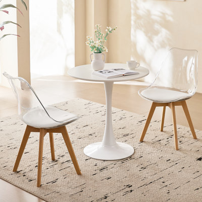 3-Piece Modern Dining Set, 23.6" White Round Tulip Table with 2 Clear White Acrylic Chairs