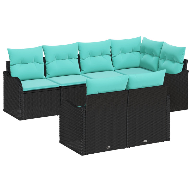 vidaXL Garden Sofa Set Black Poly Rattan, Black Frame/Blue Cushion