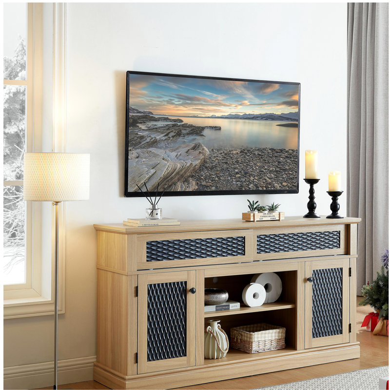 Meuble télé à motif sculpté avec espaces de rangement ouverts et fermés et portes coulissantes, couleur chêne clair, l 58,27 po x l 15,35 po x 31,7 po
