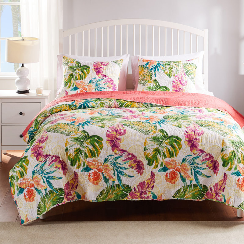 Tropical Leaf Print Reversible Twin Microfiber Quilt Set