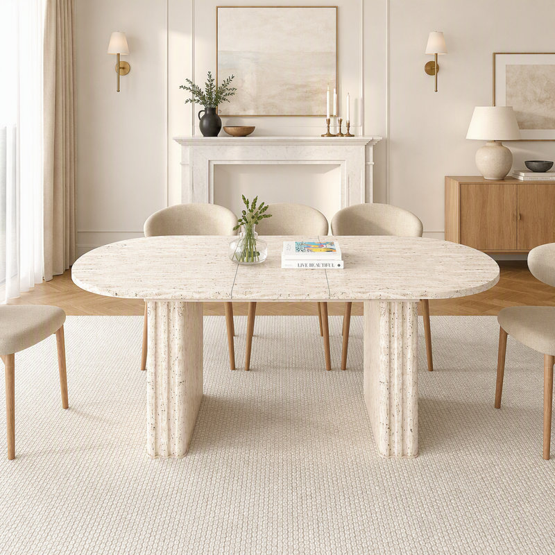 Table de salle à manger ovale extensible pour 4 à 8 personnes, finition inspirée du travertin avec piètement en bois, idéale pour les salons familiaux
