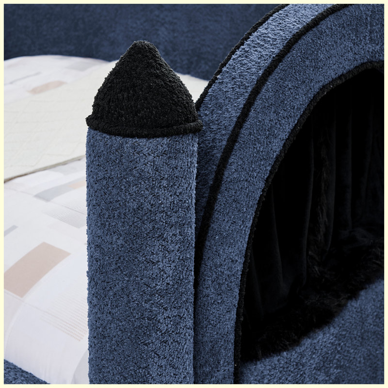 Lit château une place avec barrière de sécurité et rideau, cadre de lit en bois massif, revêtement en tissu bouclé, pour enfants et tout-petits