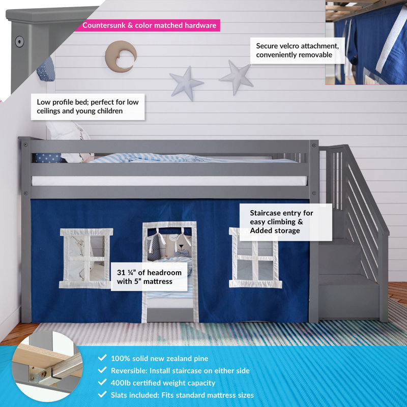 Harjeet Kids Twin Over Twin Bunk Bed, Blue, Gray