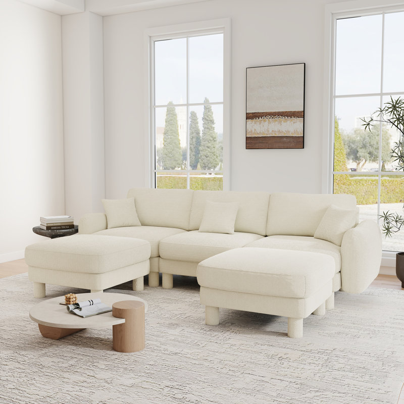 U-Shaped Boucle Sectional Sofa,3-Seater Convertible Couch With 2 Ottomans, Beige Boucle