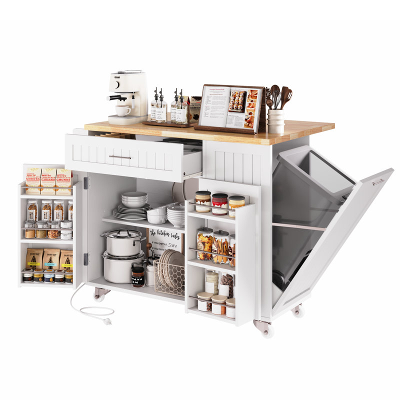 43.3"W Kitchen Island with Outlet， Trash Can Cabinet，Drawers And Locking Wheels