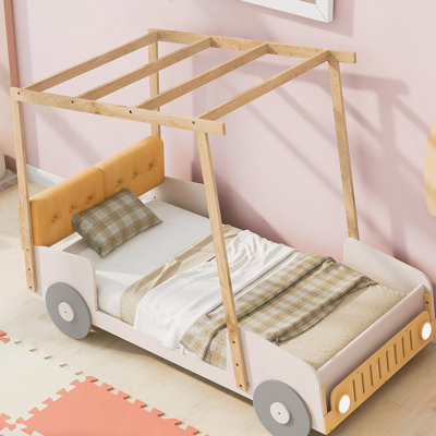 Enchanting Wood Car Bed With Pillow, Ceiling Cloth And LED Lights, Ideal For Kids' Imaginative And Comfortable Sleep