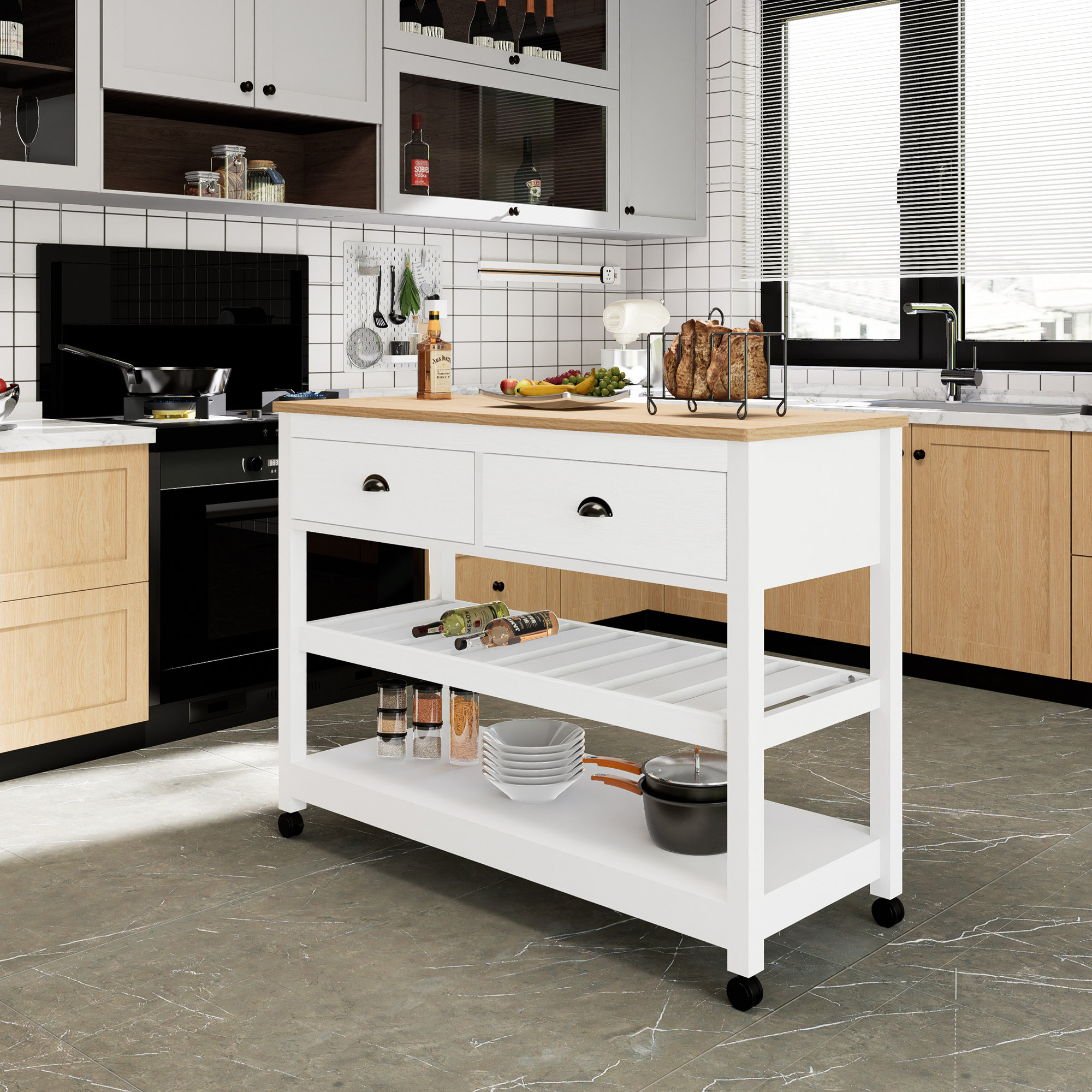 Winston Porter Kitchen Island, Kitchen Island on Wheels, Two-Tier Open ...