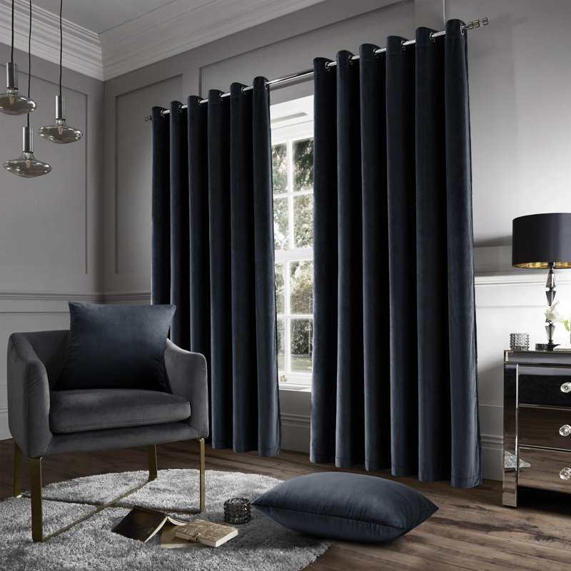 Stockholm Heavy Crushed Velvet Eyelet Sheer Curtains, Width 117 x Drop 137 cm, Black