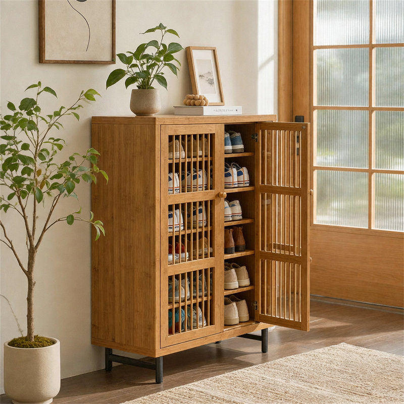 Shoe Cabinet with Shutter Doors, 6-Tier Entryway Shoe Cabinet with Adjustable Shelves, Wooden Modern Rack Organizer for Entryway, Hallway, Closet, Living Room, Walnut