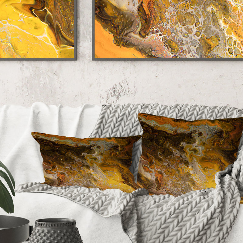 Coussin décoratif jaune à motif abstrait jaune, noir et orange, 18 po x 18 po