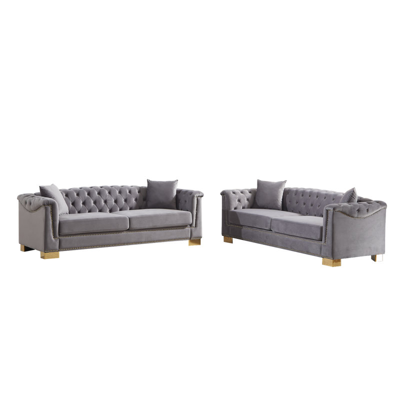 Canapé Chesterfield en velours 3 places avec accoudoirs roulés, idéal pour les salons, Gris