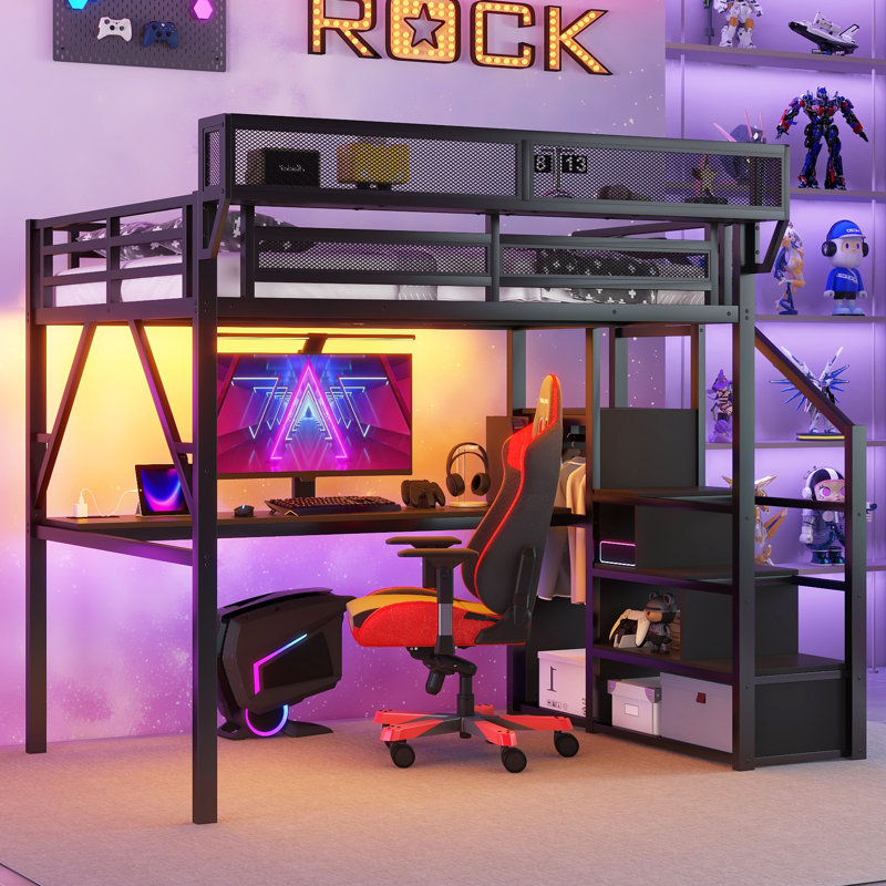 Lit mezzanine double avec bureau, escalier et station de charge, lit mezzanine en métal avec lumière pour enfants et adolescents, noir