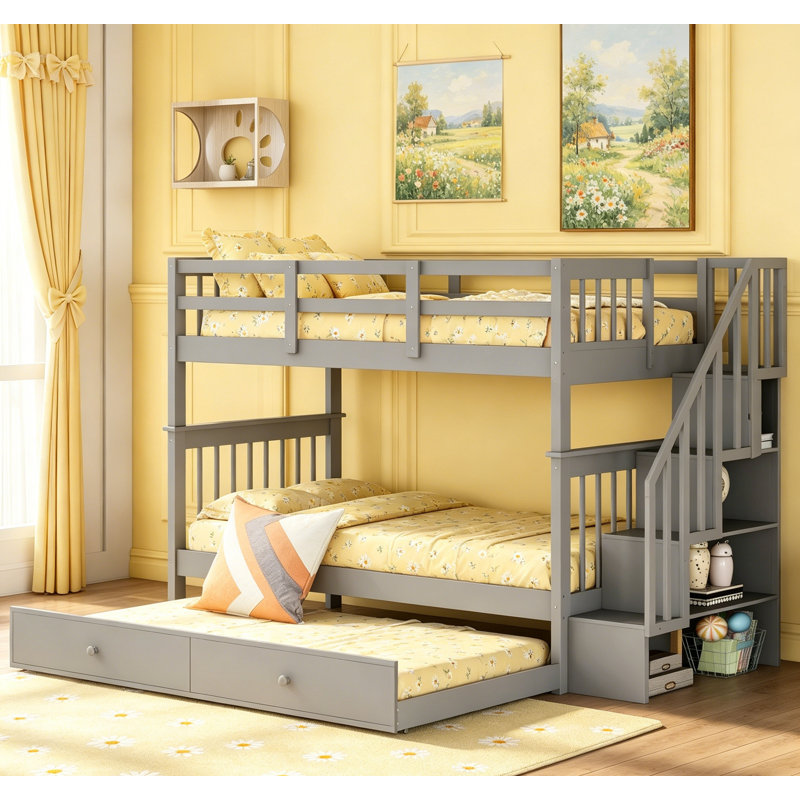 Lit superposé simple au-dessus de simple avec lit gigogne, rangement et structure en pin durable Stairway, Gris