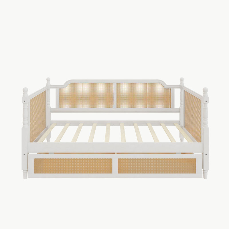 Traditional Style Rattan Daybed with Twin Size Trundle, Twin, Antique White