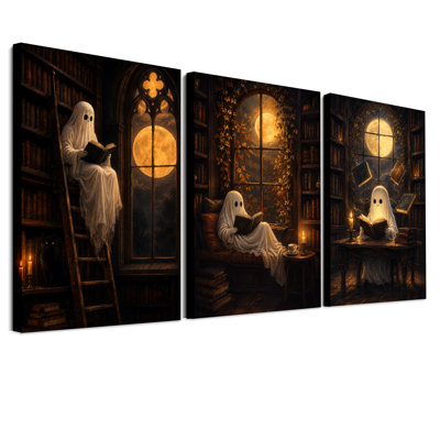 Trois fantômes lisant des livres dans une bibliothèque, ensemble de 3 toiles d'Halloween