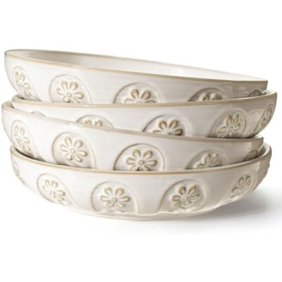 Pasta Bowls, 50oz Large Salad Serving Bowls, 9.75'' Plates Bowls Set of 4, Big White Ceramic Soup Bowls for Kitchen, Embossment Shallow Dinner Bowl, Microwave Dishwasher Safe, Pinwheel Flower