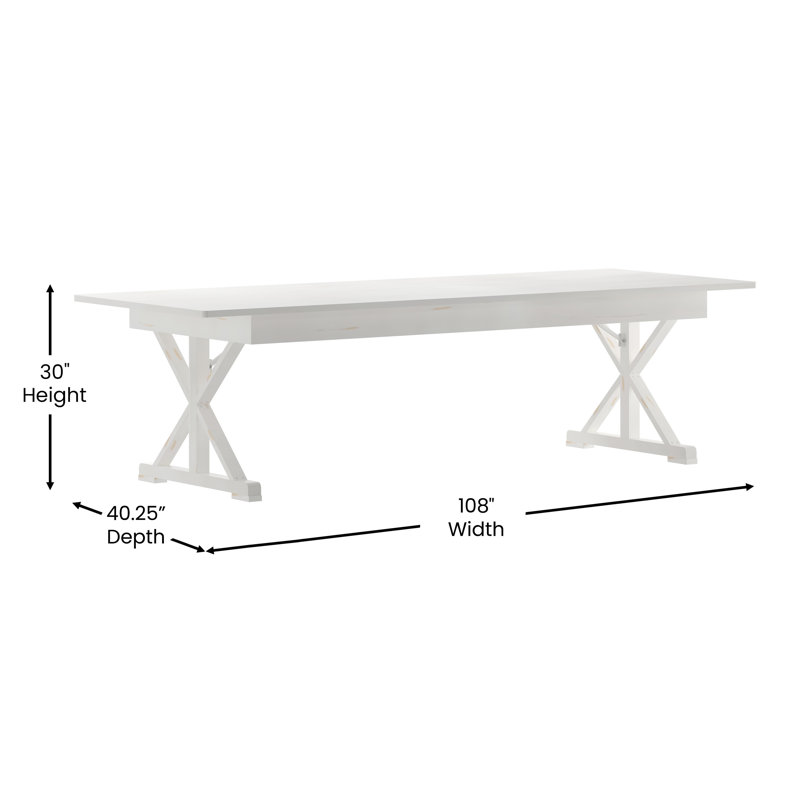Eternity Rectangular Solid Pine Farm Dining Table with Folding X-Style Legs, Antique White, 40.25" L x 108" W