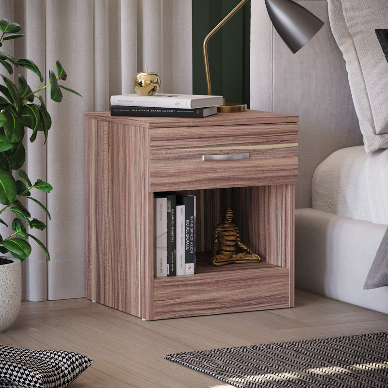 Maybery 1 Drawer Bedside Table With Open Shelf, Bedroom Storage Cabinet, Walnut