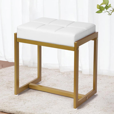 Vanity Stool, Vanity Chair Stools for Makeup Room, Faux Leather Small Makeup Bench, Modern Gold Metal Legs Ottoman Foot Rest, White & Gold