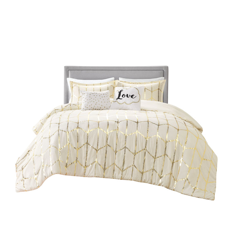 Housse de couette géométrique moderne avec accents, Housse de couette très grand + 4 pièces supplém, Ivoire/doré