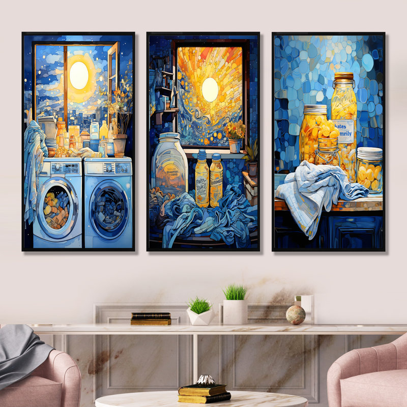 Ensemble de 3 pièces de lessive bleu et jaune, H 40 po x l 60 po, Cadre flottant noir