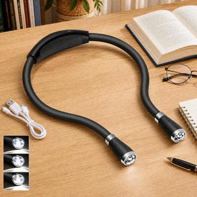 Black Hands-Free USB-Rechargeable LED Neck Book Light with 4 Super Bright LED Bulbs and 3 Adjustable Brightness Settings, Best Suited for Bed Reading,