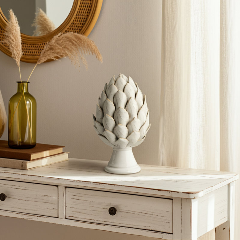 Decorative Object Stoneware Ceramic Artichoke-Inspired Shape Boho Home Office Bedroom Living Room Decor - 10" Ivory & Tan
