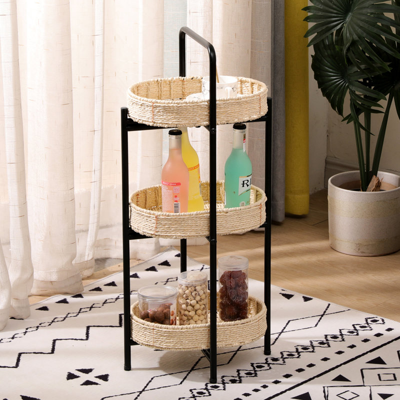 Table ovale à 3 compartiments avec plateaux en corde de papier tressée à la main, idéale pour une utilisation intérieure et le rangement de petits objets dans la cuisine, comme des collations ou des fruits.