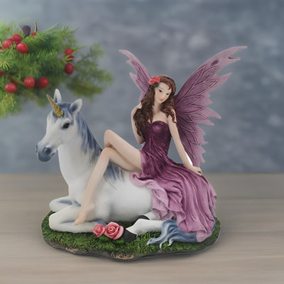 8"W Purple Fairy on Unicorn Figurine