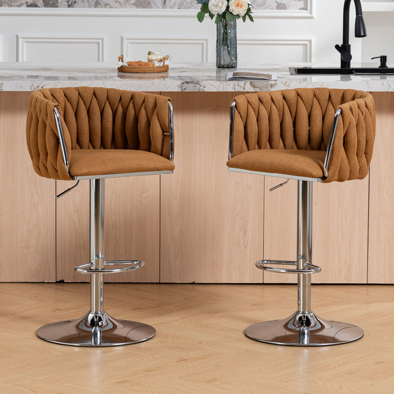 Ensemble de 2 tabourets de bar pivotants en tissu, chaises de bar réglables à hauteur de comptoir avec dossier tissé et repose-pieds, structure chromée argentée, beige, pour îlot de cuisine, café et pub