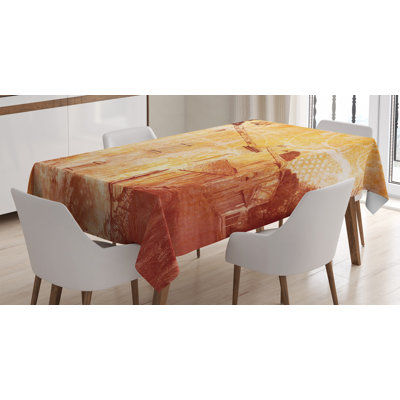 Burnt Orange Tablecloth, Retro Illustration Of A Street Of Old French Houses Mediterranean Environment Print, Rectangular Table Cover For Dining Room Kitchen Decor, 52" X 70", Tan