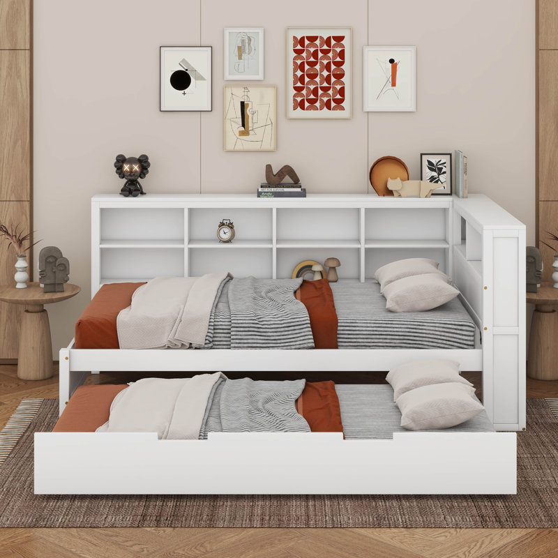 Lit de jour simple en bois avec tablette de rangement, lit gigogne et ports de chargement USB, Blanc