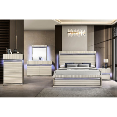 Très grand lit moderne en bois gris 5 pièces avec lit à DEL, commode, miroir, table de chevet, commode, espace de miroir spacieux et lumineux