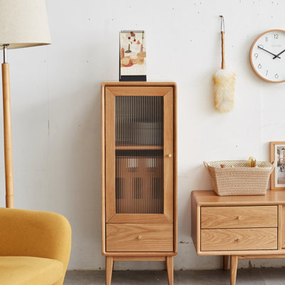 Solid Oak Storage Cabinet For Home - With Vintage Glass Door, 2 Shelves, 1 Drawer & Brass Handle. , Multi-Functional Living Room, Entryway, Kitchen, Hallway Space Corner Cupboard Antique Grip ,