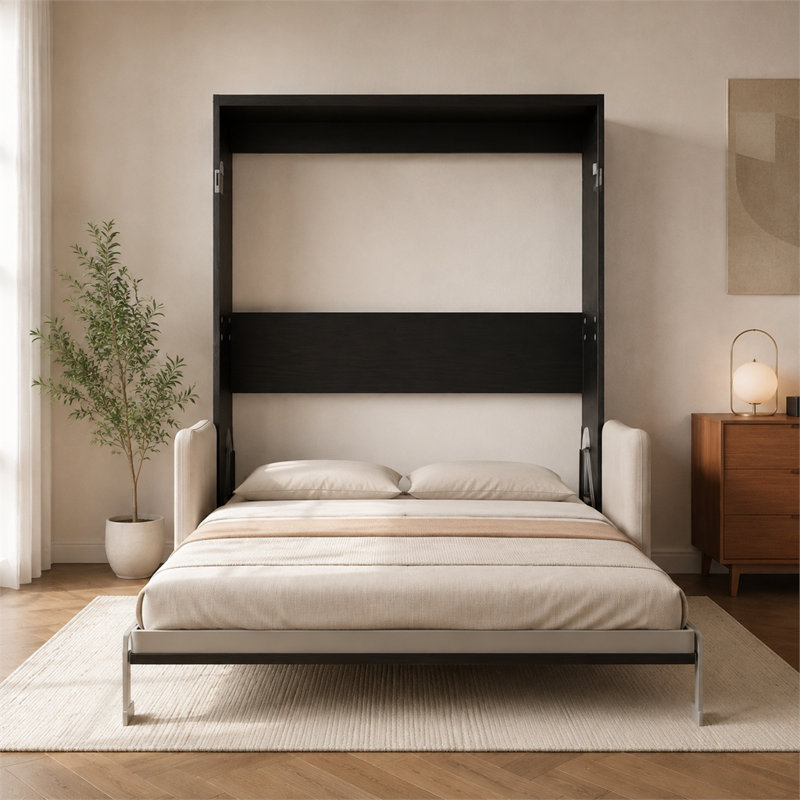 Structure grise, armoire noire, canapé beige, grand lit escamotable Murphy. Rembourrage hydraulique, pliage multifonctionnel, canapé-lit invisible.