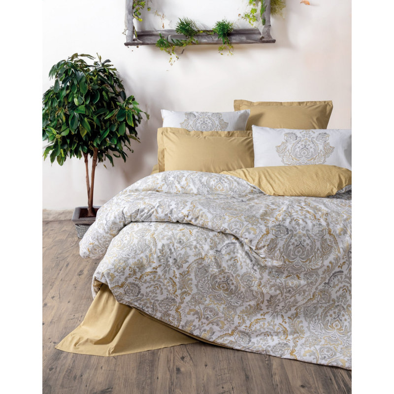 100% Cotton Ranforce King Quilt Cover Set, Mustard Color, 94.5 x 86.6 inches | Includes 2 Pillowcases (23.6 x 23.6 inches) | Pigment Printed, Machine Washable, Envelope & Button Closure | Soft & Durable Bedding