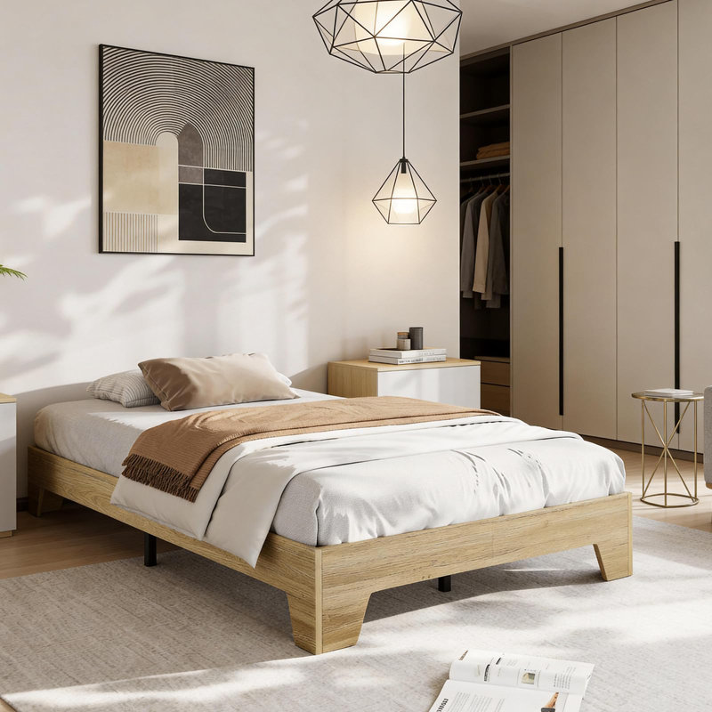 Base de lit simple en bois, lit plateforme naturel avec lattes de bois robustes, aucun sommier nécessaire, mobilier de chambre minimaliste, cadre de lit en bois contemporain, assemblage facile