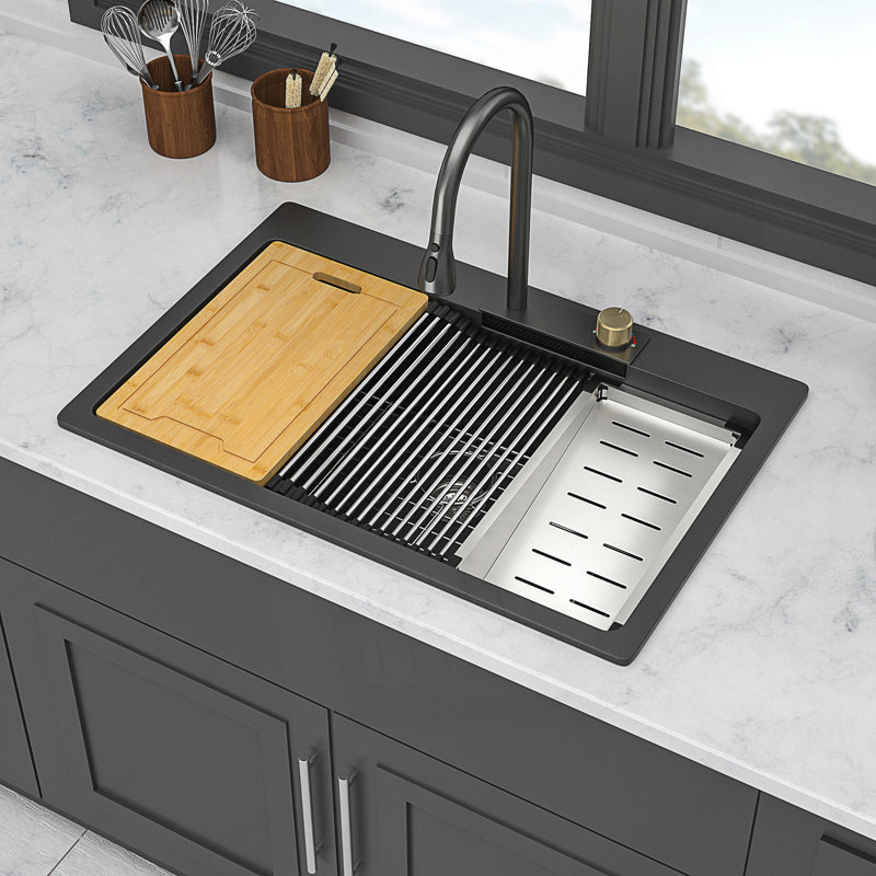 Drop-In Waterfall Kitchen Sink With Pull-Out Faucet, Composite Granite Quartz Single Bowl Workstation Design, Black, Black