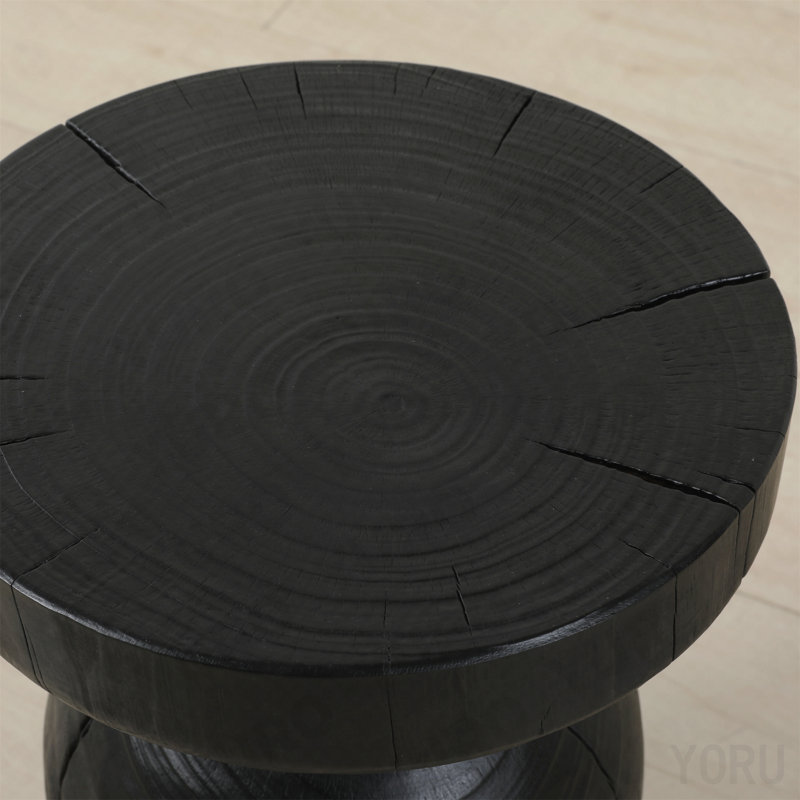 Table d'appoint / de bout ronde 12,4 po - Bois de manguier massif, rétro brûlé - noir, 17.71" H x 12.4" W x 12.4" D