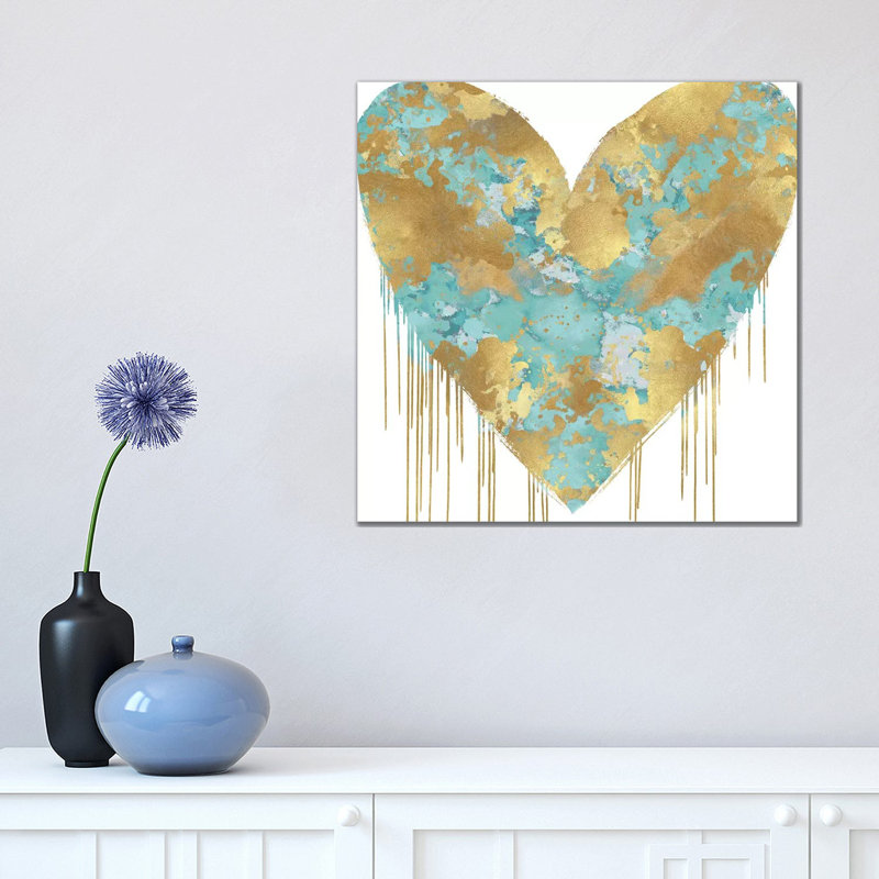 Big Hearted Aqua And Gold by Lindsay Rodgers - Print on Canvas, 45.72cm H x 45.72cm W x 3.81cm D, Wrapped Canvas