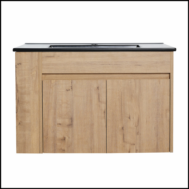 Meuble-lavabo mural avec lavabo en céramique blanche et tablette ouverte réglable pour les petits espaces, Noir