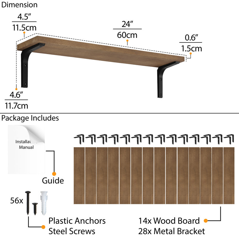 24" X 4.5" Floating Bookshelves For Living Room And Office Decor, Rustic Shelves For Kitchen Storage, Hanging Shelves For Wall, Wooden Shelves For Office Supplies, Wall Mounted, Walnut, 14 Pcs