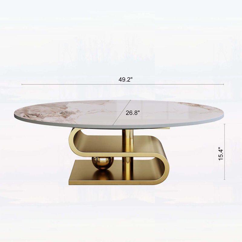 Table basse ovale contemporaine en faux marbre avec piètement en acier inoxydable, idéale pour les salons modernes et les intérieurs élégants.