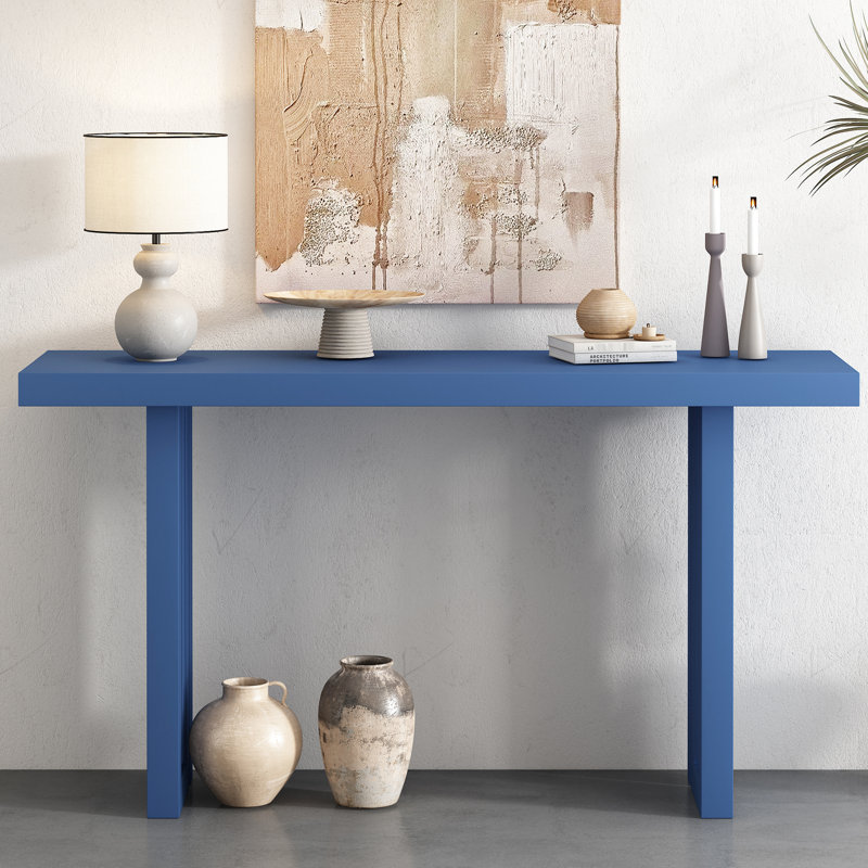 Navy Blue Console Table With Oak Veneer Top - Decorative Option Stylish Choice